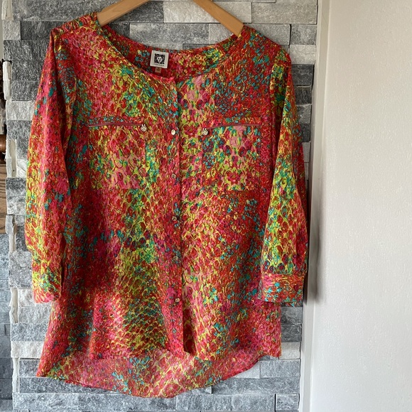 Anne Klein Tops - Anne Klein Watercolor Red, Yellow, Pink Tunic 3/4 Sleeve Button Up Shirt